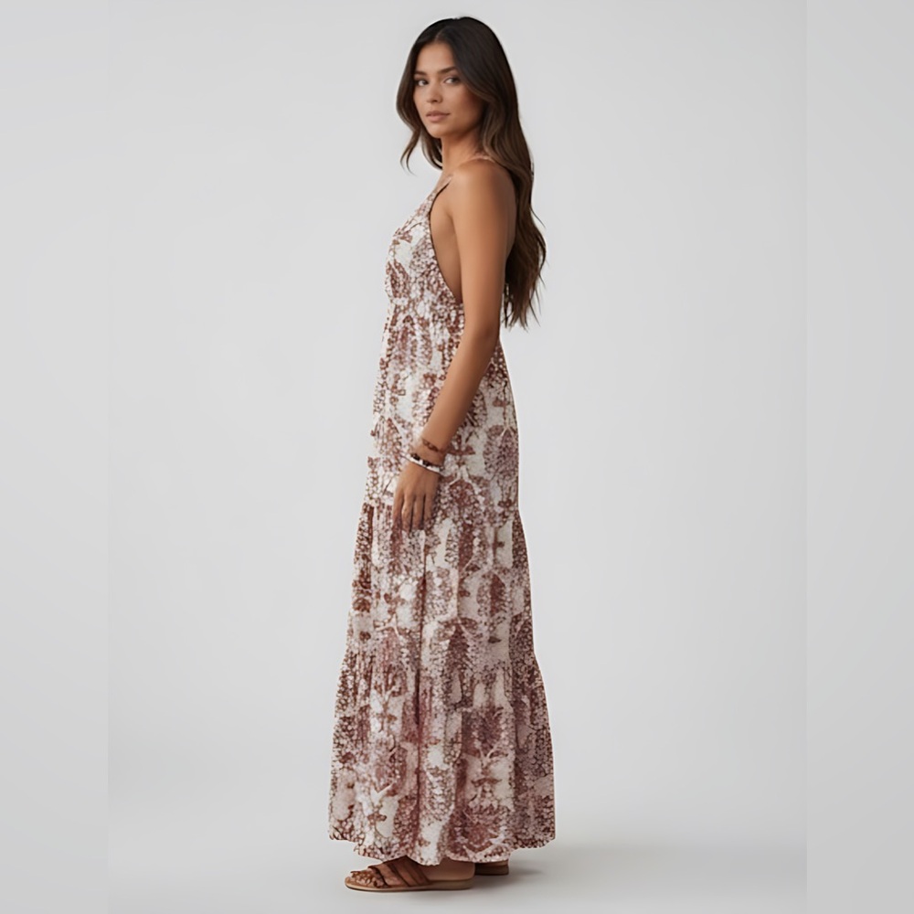 Boho Floral Print Sleeveless Cross-Front Maxi Dress Rust - Picture 2 of 9
